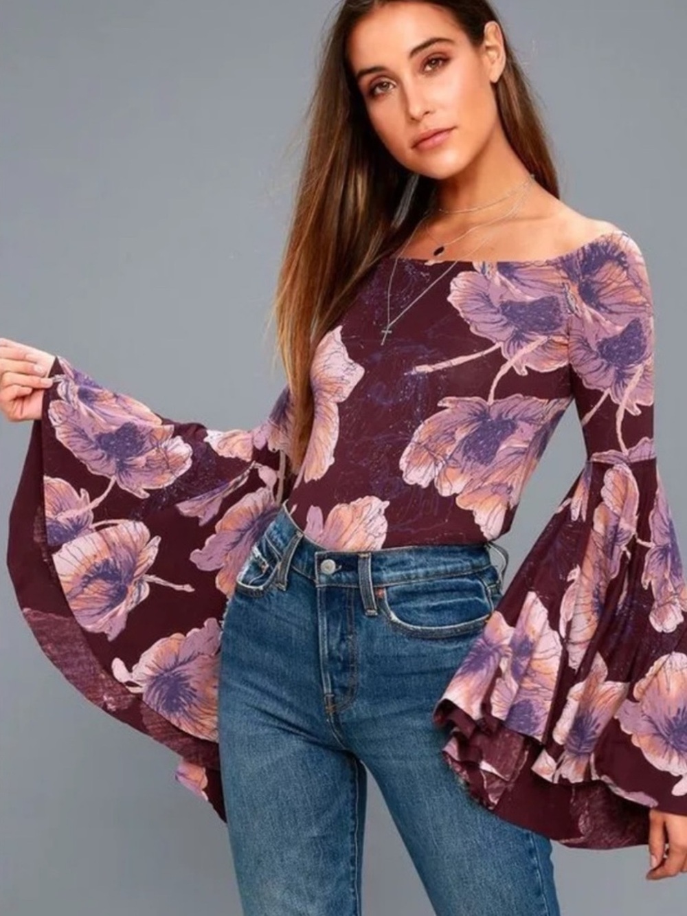 Free People Birds of Paradise Wine Color size SP  Off-Shoulder Bell Sleeve Top